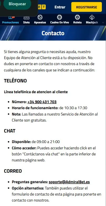 Atención al cliente de Admiral Bet