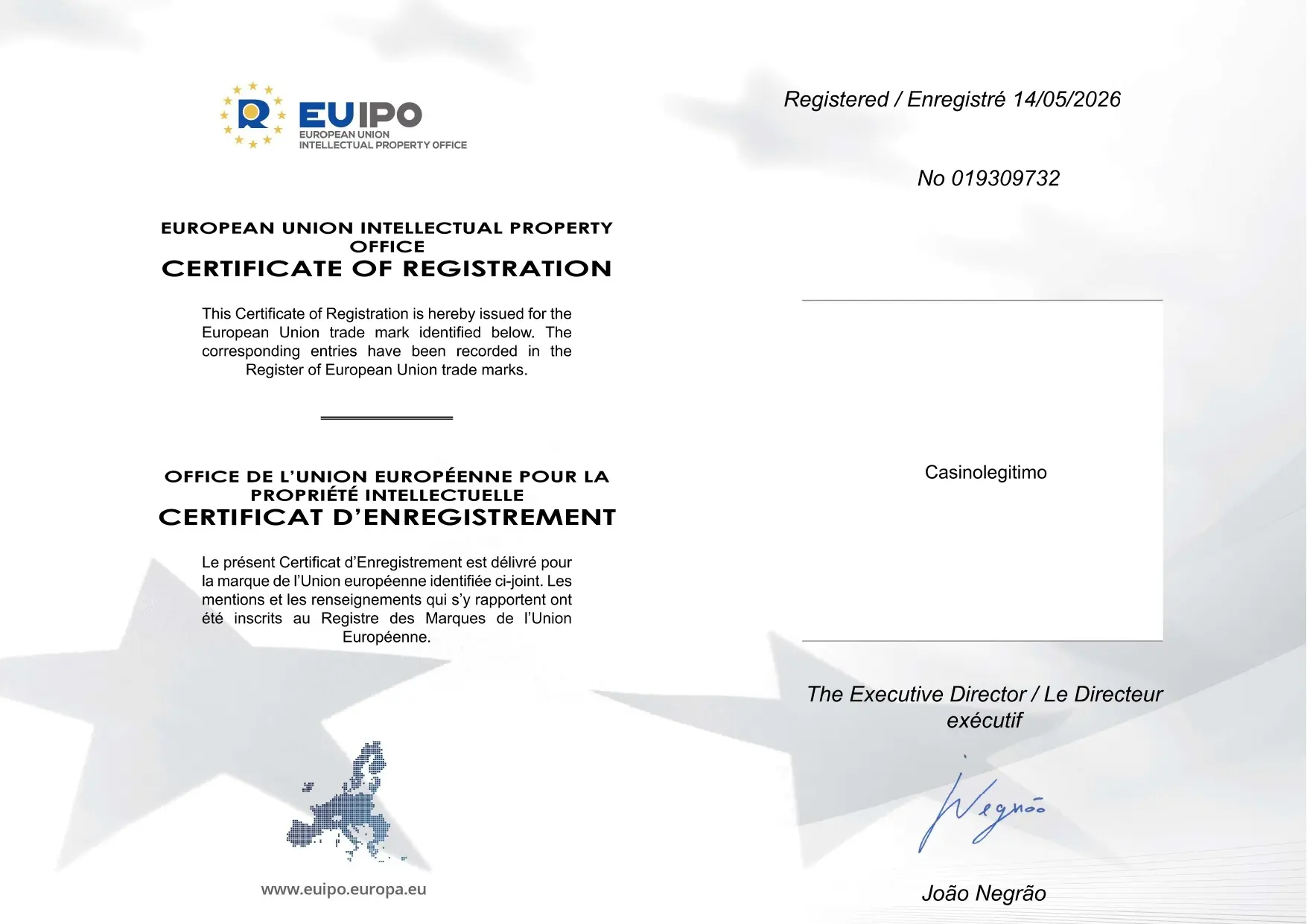 La marca comercial «Casinolegitimo» está registrada en la EUIPO con el n.º 019309732 a nombre de FATBOYSCANRUN LTD desde el 14 de mayo de 2026