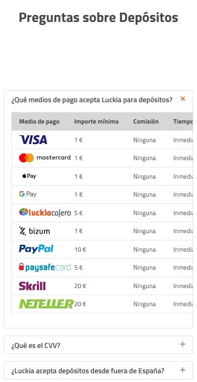 Luckia metodos de pago