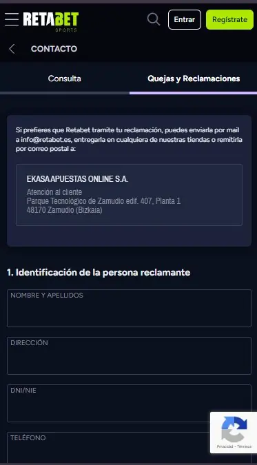 RETABET quejas y reclamaciones