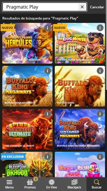 Resultados de búsqueda de Pragmatic Play en el casino móvil de Betfair