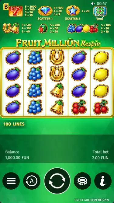 Rodillos y tabla de premios de Fruit Million Respin