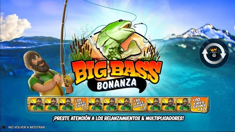 Pantalla de presentación de Big Bass Bonanza con el pescador y la progresión de multiplicadores