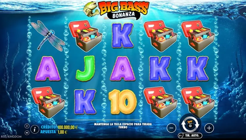 Rodillos y controles de Big Bass Bonanza en el juego base