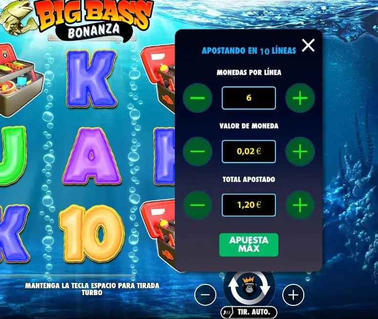 Panel de Big Bass Bonanza para ajustar monedas por línea, valor de moneda y apuesta total