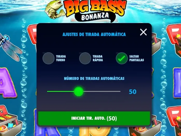 Ajustes de tirada automática de Big Bass Bonanza con selector de número de giros