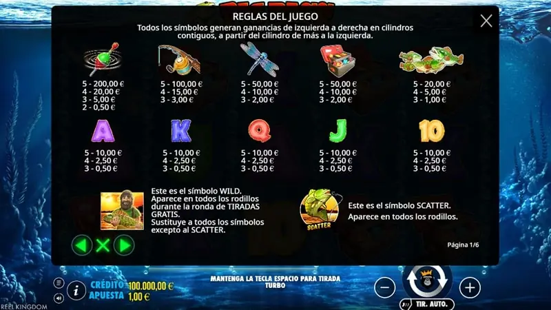 Tabla de pagos y símbolos wild y scatter de Big Bass Bonanza