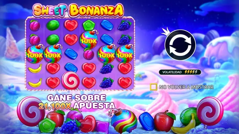 Pantalla de presentación de Sweet Bonanza con frutas, caramelos y bombas multiplicadoras