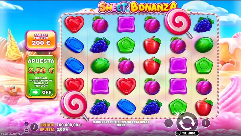 Cuadrícula de Sweet Bonanza con símbolos de frutas y caramelos en el juego base