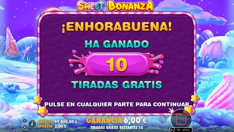 Pantalla de Sweet Bonanza que anuncia la obtención de 10 tiradas gratis