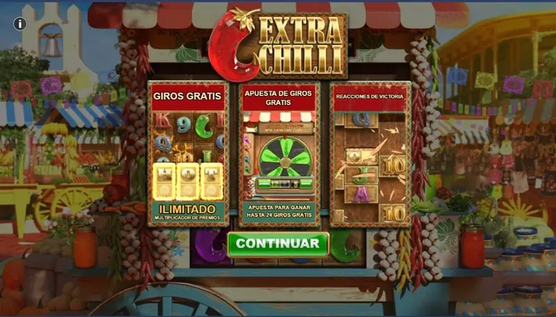 Pantalla de presentación de Extra Chilli con giros gratis, rueda de apuesta y reacciones