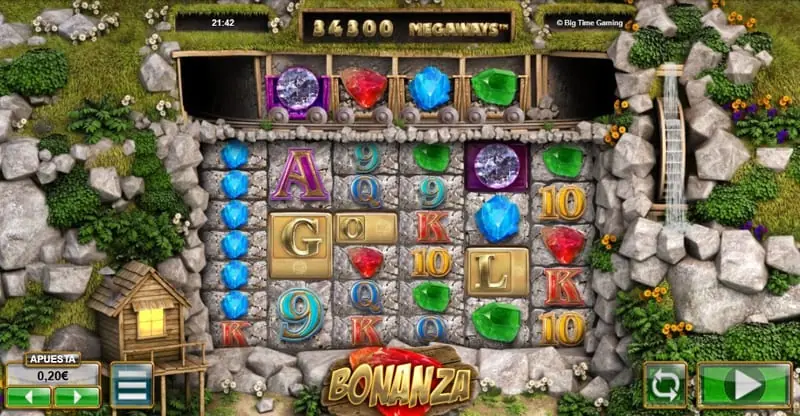 Interfaz de Bonanza Megaways con rodillos, gemas y letras G-O-L-D