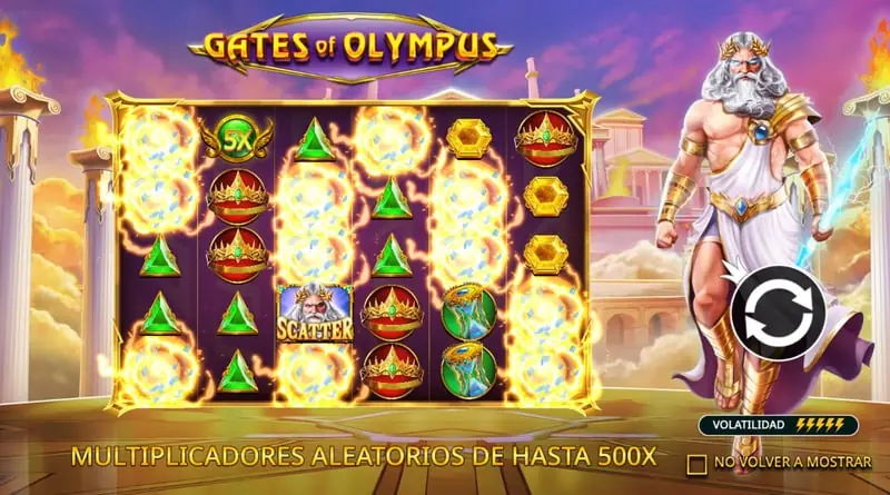Pantalla de presentación de Gates of Olympus con Zeus, gemas y multiplicadores