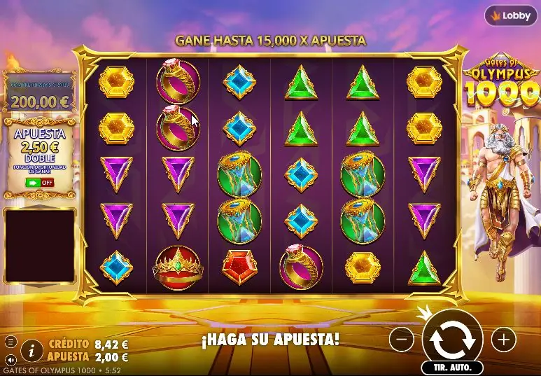 Tablero de Gates of Olympus 1000 con Zeus, símbolos de gemas y controles en español.