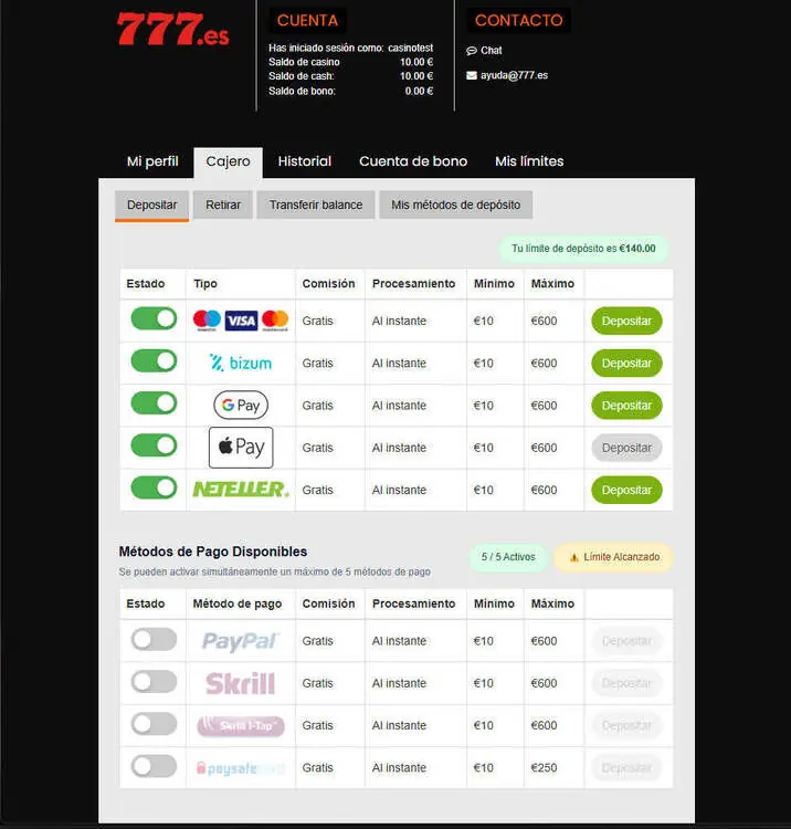 Cajero de Casino777 con Neteller entre los métodos de depósito disponibles
