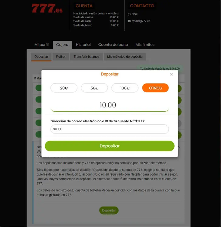 Formulario de depósito con Neteller en Casino777 con campos de importe y correo electrónico o ID