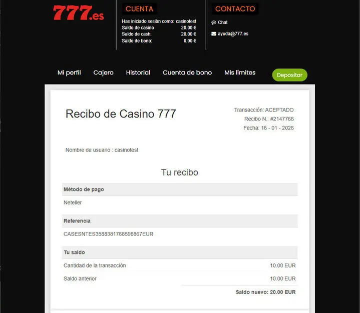Recibo de Casino777 de un depósito aceptado con Neteller, con importe y saldo resultante