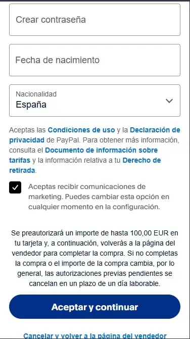 Formulario de registro de PayPal con contraseña, fecha de nacimiento y nacionalidad