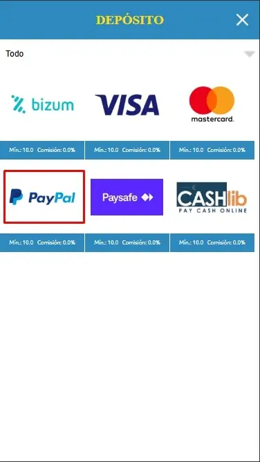Selector de métodos de depósito de un casino con PayPal destacado