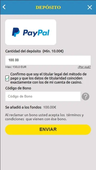 Formulario de depósito con PayPal con importe, confirmación de titularidad y campo para código de bono