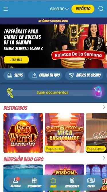 Vestíbulo móvil de un casino con el saldo de la cuenta visible en la cabecera