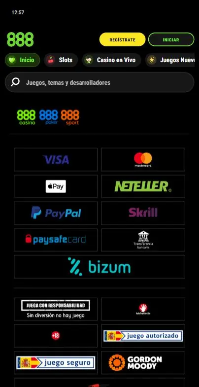 Página móvil de 888casino con los métodos de pago, incluido PaysafeCard