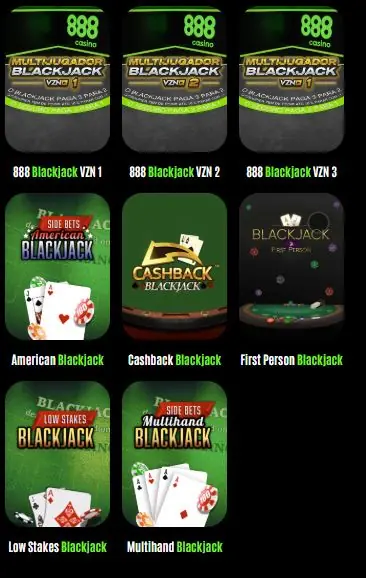 Catálogo de blackjack de 888casino con mesas y variantes multijugador