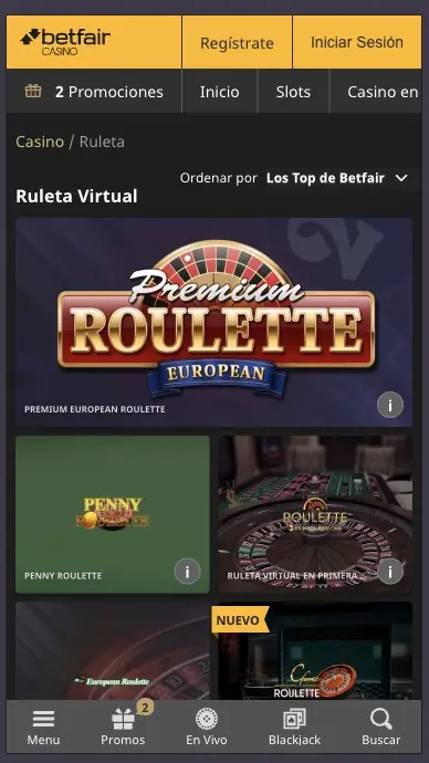 Catálogo de ruleta virtual de Betfair con Premium European Roulette
