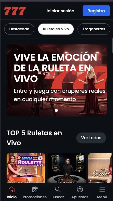 Página móvil de Casino777 con su sección de ruleta en vivo