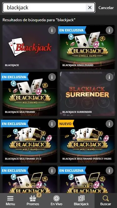 Resultados de búsqueda de blackjack en el casino móvil de Betfair
