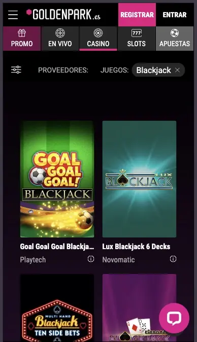 Selección de juegos de blackjack en el casino móvil de GoldenPark
