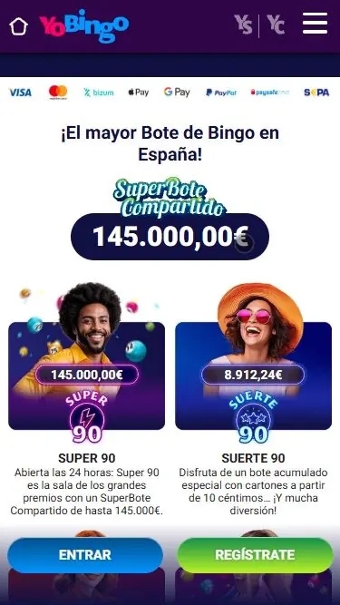 Salas Super90 y Suerte90 en la web móvil de YoBingo