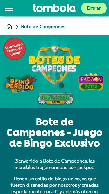 Página móvil de Bote de Campeones en Tombola