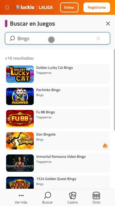 Resultados de búsqueda de bingo en la web móvil de Luckia
