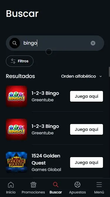 Buscador de Casino777 con resultados de juegos de bingo