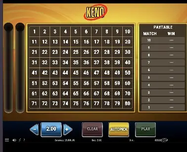Tablero de keno con 80 números, tabla de premios y controles de apuesta