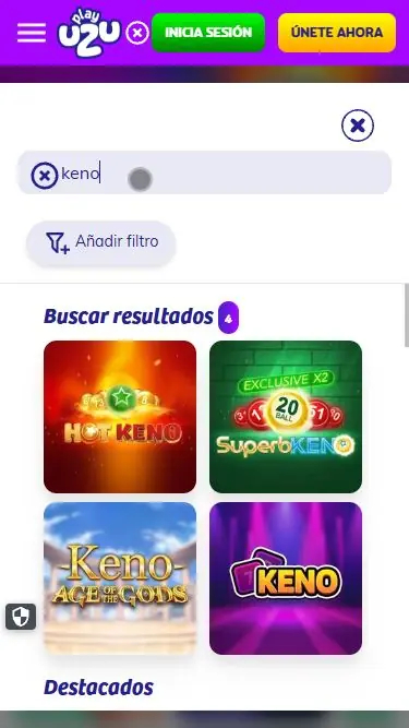 Resultados de cuatro juegos de keno en el buscador móvil de PlayUZU