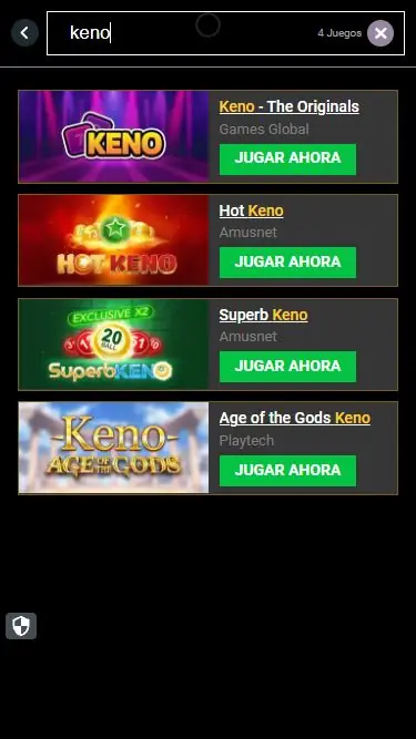 Catálogo de keno de Mega Casino con cuatro títulos y sus proveedores