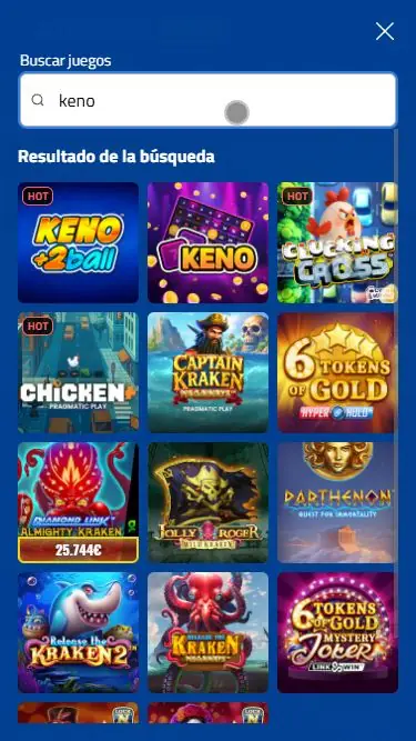 Resultados de Keno y Keno +2Ball en el buscador de AdmiralBet