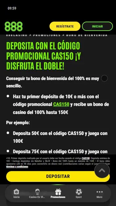 Bono de bienvenida de 888casino del 100% hasta 150€ con el código CAS150