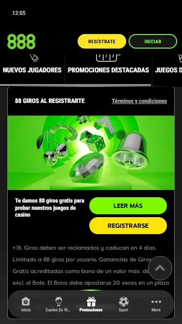 Promoción de 888casino con 88 giros gratis por registrarse