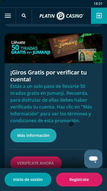 50 tiradas gratis en Jumanji por verificar la cuenta en Platincasino