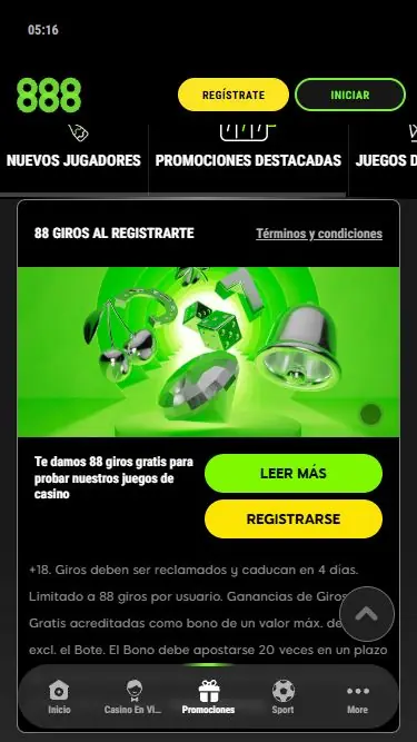 Oferta de 88 giros gratis sin depósito de 888casino
