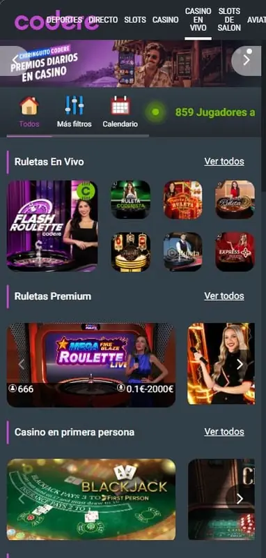 Catálogo de ruletas y blackjack en vivo de Codere Casino