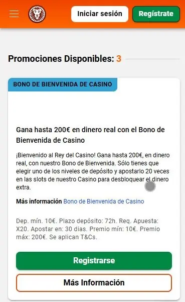 Bono de bienvenida de LeoVegas Casino de hasta 200€ con requisito de apuesta x20