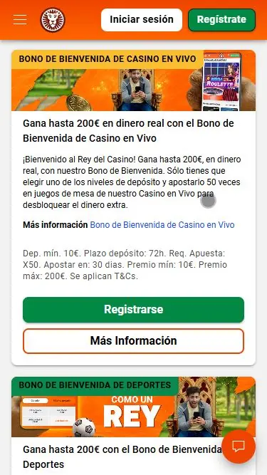 Bono de bienvenida de casino en vivo de LeoVegas de hasta 200€ con requisito x50
