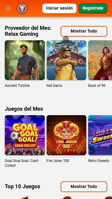 Catálogo de LeoVegas con slots destacadas y juegos del mes