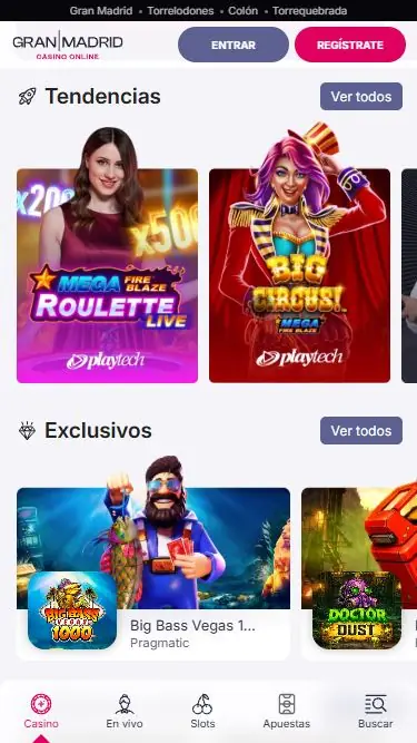 Catálogo de Casino Gran Madrid con ruleta en vivo y slots