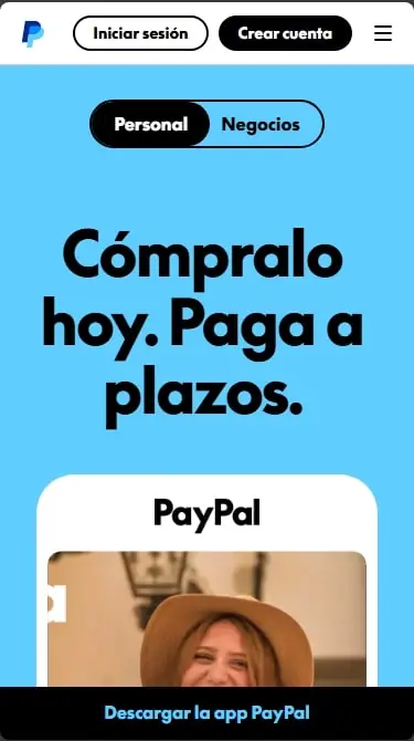 Página de PayPal con publicidad de compras a plazos