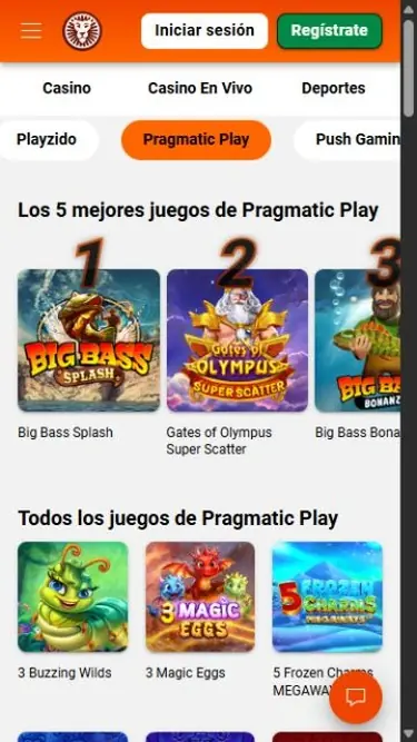 Catálogo móvil de slots de Pragmatic Play en LeoVegas
